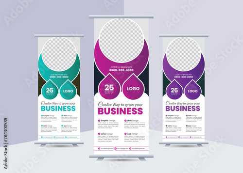 Modern creative corporate business standee x rollup, pullup advertising vertical banner with geometric promotion trendy marketing vector bundle template