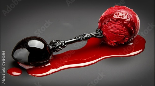 a spoon with a red liquid pouring out of it to a black spoon with a red liquid pouring out of it.