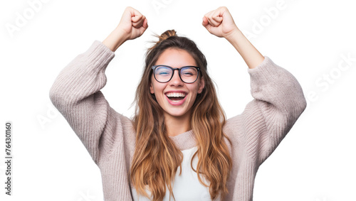 Beautiful young woman wearing glasses celebrating victory. transparent isolated background 