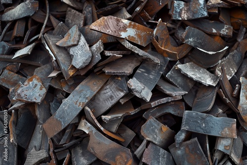 stacks of old rusty iron scrap metal in a junkyard