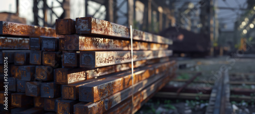 strong iron metal beams stacked at a rail yard photo