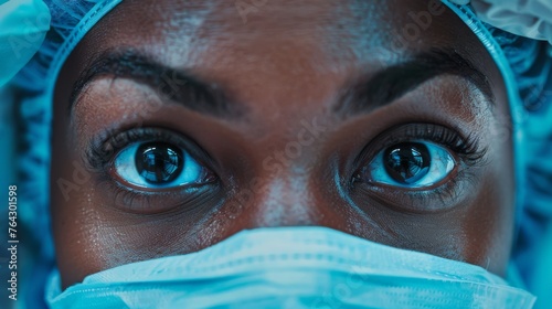 Close-up of a surgeon's eyes with intense focus during a medical procedure