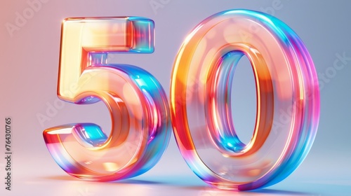 The number "50" as transparent glass with the smooth thickness of glass, transparent, light orange and white and light blue holographic 