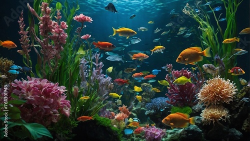Lush greenery intertwines with delicate blossoms  while a plethora of small fish dart and swim amongst the foliage.