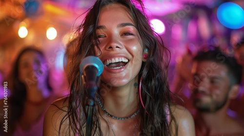 Woman Singing Into Microphone Before Audience