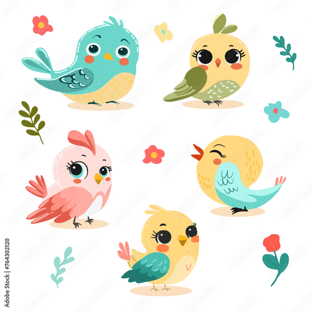 Naklejka premium Pattern birds brightly colored with big eyes. On light background for postcards, banners. Vector illustration.