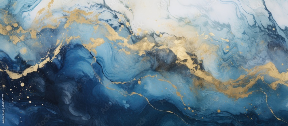 A painting featuring fluid blue and gold paint with shiny accents in metallic gold colors