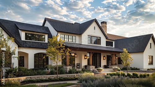 A warm and dreamy farmhouse exterior design with darker roofing materials accenting the white-painted walls for an inviting vibe.