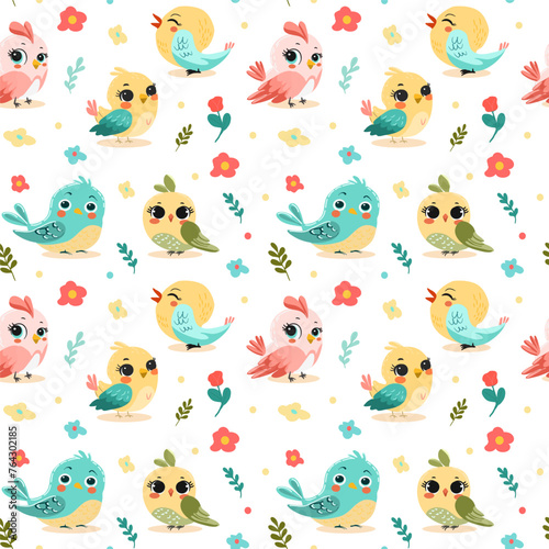 Pattern birds brightly colored with big eyes. On light background for postcards, banners. Vector illustration.