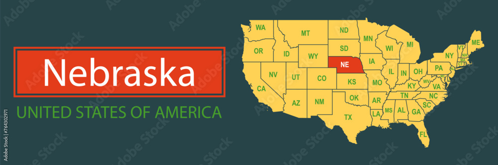 Obraz premium Banner, highlighting the boundaries of the state of Nebraska on the map of the United States of America. Vector map borders of the USA Nebraska state.