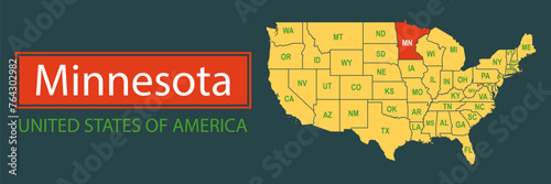 Banner, highlighting the boundaries of the state of Minnesota on the map of the United States of America. Vector map borders of the USA Minnesota state.