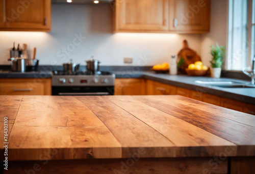 A wooden countertop in a kitchen is positioned next to a window. The countertop is clean and well-maintained  adding a warm and inviting touch to the room.