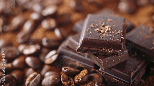 Indulgent dark chocolate and aromatic coffee beans close-up