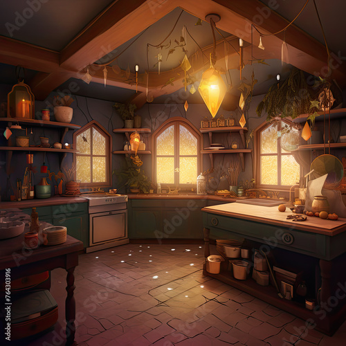 Cozy decorated magic kitchen with wooden table, lights, windows, different accessories. Interior design of old home or apartment, fantasy decoration concept