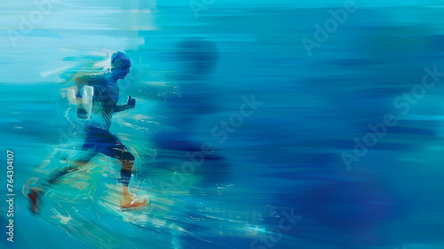 Illustration of an athlete running with a blue background and copy space 