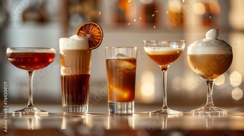 Elegant coffee cocktails in minimalist glassware on a bar counter photo