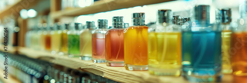 A curated display of perfumes, luxury fragrances in an elegant perfume boutique. Close-up perfumes.