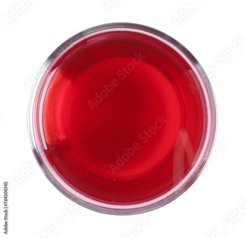 Tasty cranberry juice in glass isolated on white, top view