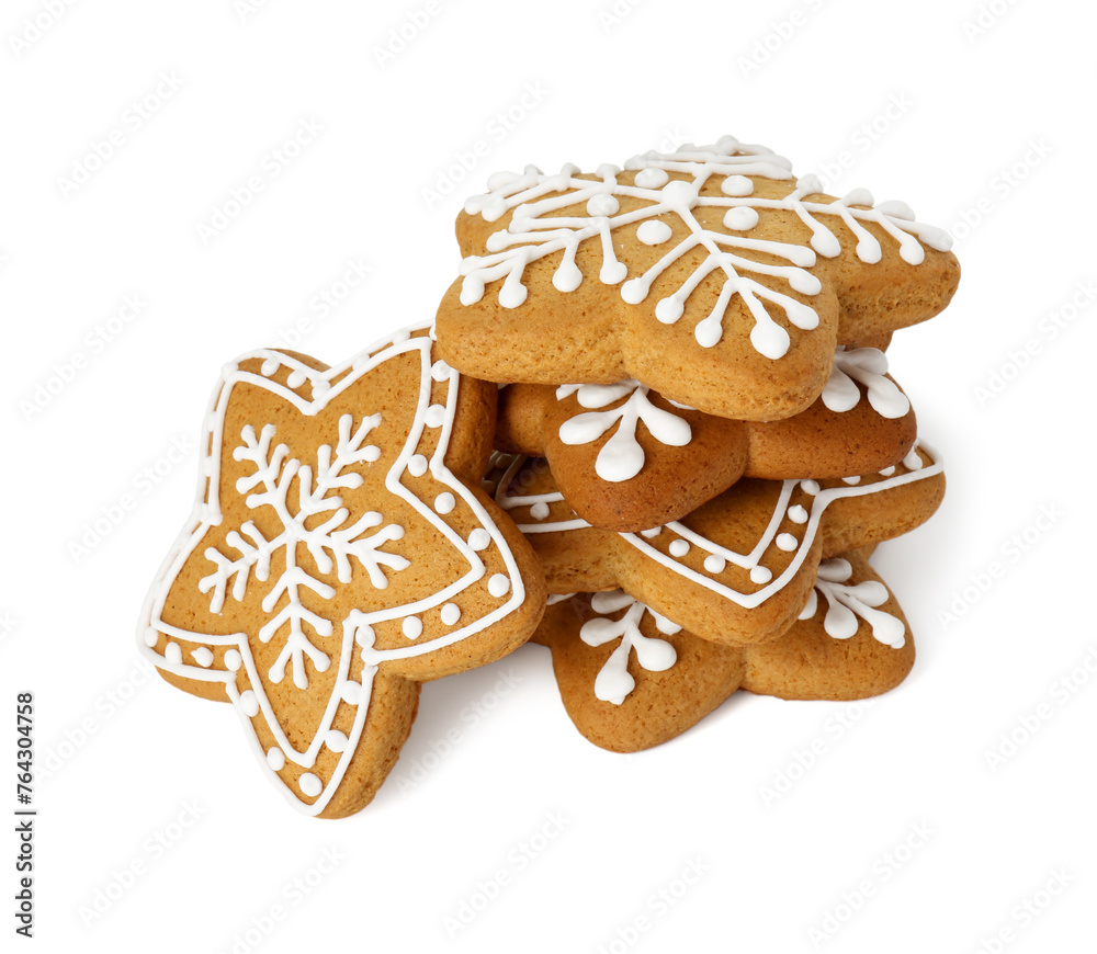Tasty star shaped Christmas cookies with icing isolated on white Tasty star shaped Christmas cookies with icing isolated on white