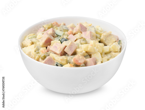 Tasty Olivier salad with boiled sausage in bowl isolated on white