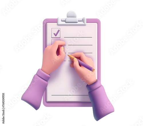 3D render of hands holding a pen and writing on a clipboard with a check list, isolated transparent png © Ployker