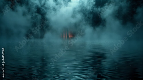 a boat floating on top of a body of water in the middle of a foggy ocean under a full moon.
