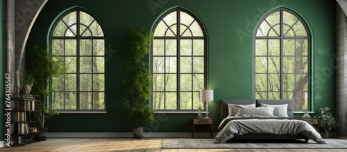 A room with walls painted in green shades, featuring elegant arched windows and a cozy bed for relaxation