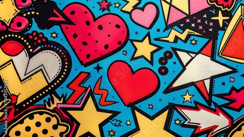 A bold graphic pattern of repeating pop art motifs like hearts stars and lightning bolts AI generated illustration photo