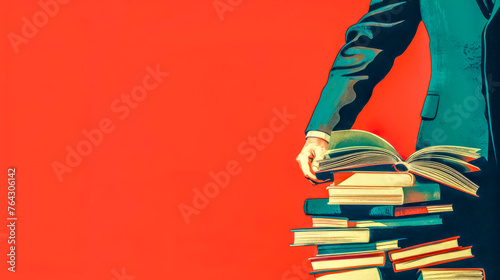 Knowledge power: man with stack of books on red background © edojob