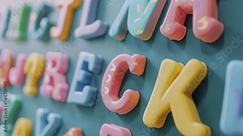 A close-up of pastel-colored magnetic letters on a whiteboard AI generated illustration photo