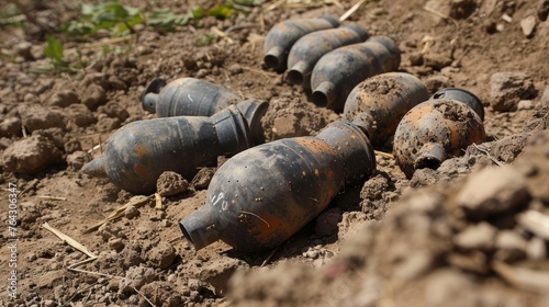 A cluster of unexploded grenades in the dirt AI generated illustration