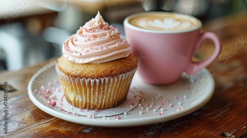 Delicious frosted cupcake with sprinkles and coffee latte art on a wooden table