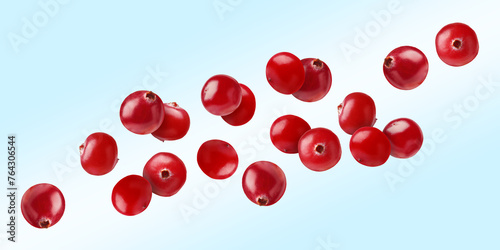 Fresh red cranberries flying on light blue background