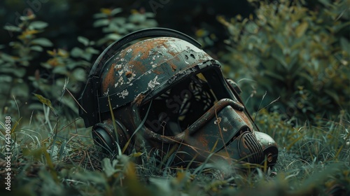 A cracked and weathered helmet lying in the grass  AI generated illustration © Olive Studio