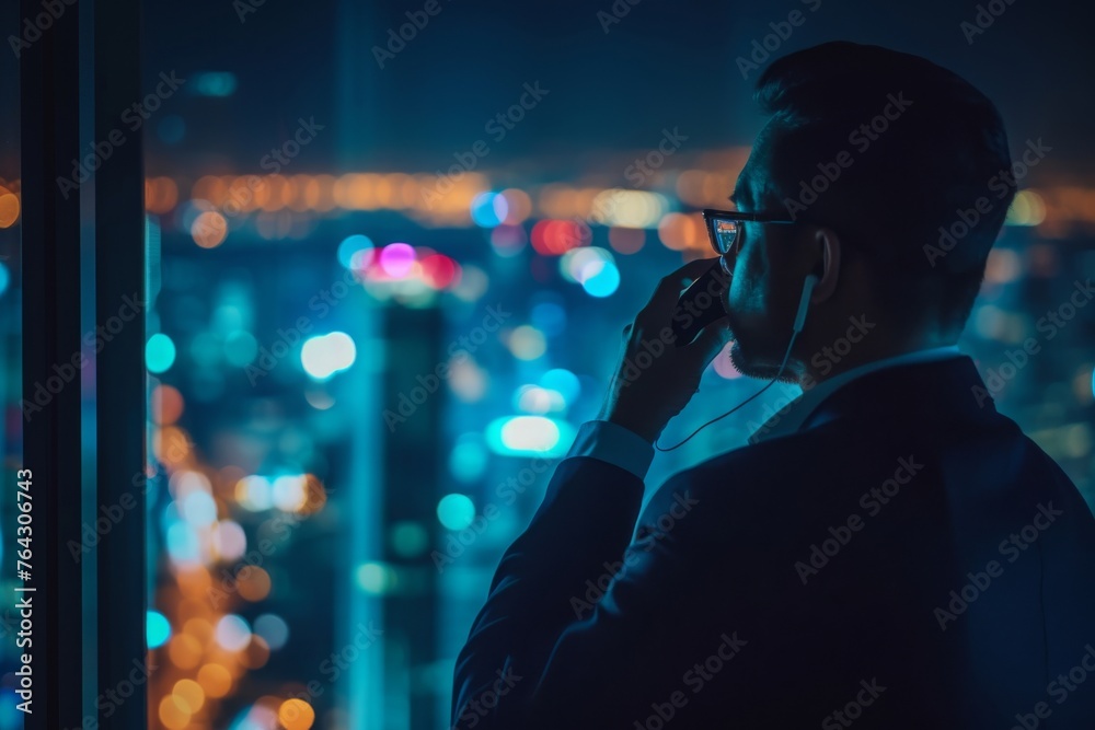 A man is standing in front of a window, engaged in conversation on his cell phone, High profile man making an important phone call while overlooking city lights at night, AI Generated A man is standing in front of a window, engaged in conversation on his cell phone, High profile man making an important phone call while overlooking city lights at night, AI Generated