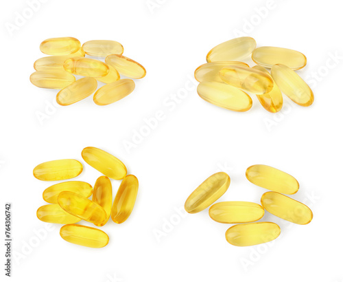 Collage of vitamin pills isolated on white