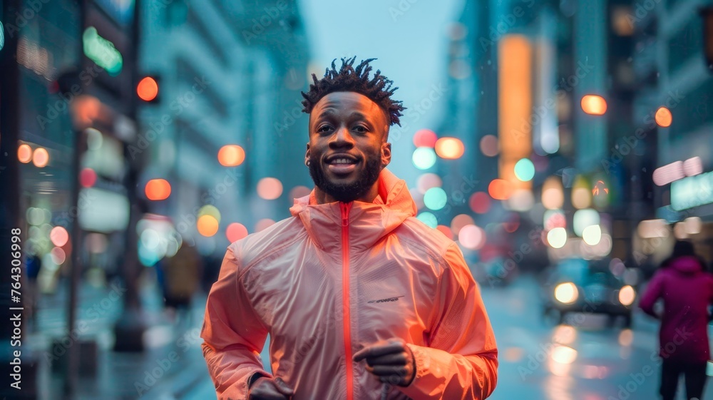 Man in Orange Jacket Running Down City Street. Generative AI