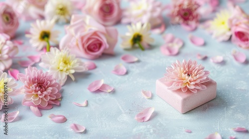 a pink box with a flower on it surrounded by petals of pink and white flowers on a light blue background.