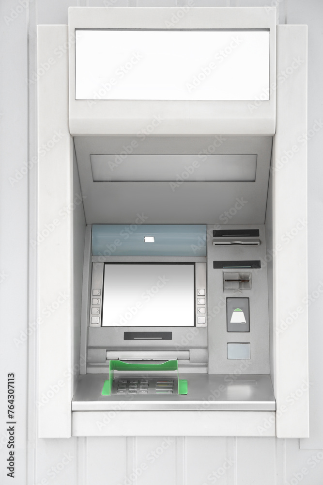 Modern automated cash machine with screen outdoors Modern automated cash machine with screen outdoors