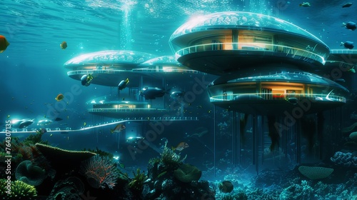 A futuristic underwater research station studying marine ecosystems and biodiversity conservation AI generated illustration photo