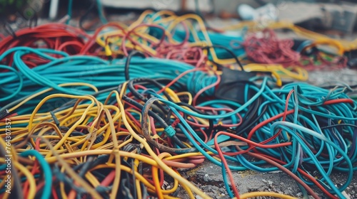 A jumble of wires and cables tangled on the ground AI generated illustration