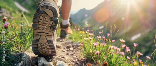 A Hikers Durable Boots Captured on a Mountain Trail  Bathed in the Warm Glow of Sunset  Signifying the Completion of an Exhilarating Days Trek  Generative AI