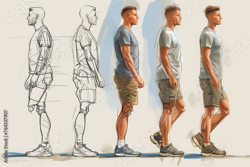 A collection of sketches depicting a man in different poses and positions, Illustrate the progress of a patient from start to finish of a physical therapy program, AI Generated