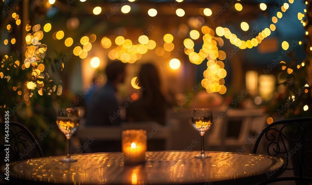 Soft bokeh lights creating a romantic ambiance in an intimate outdoor setting