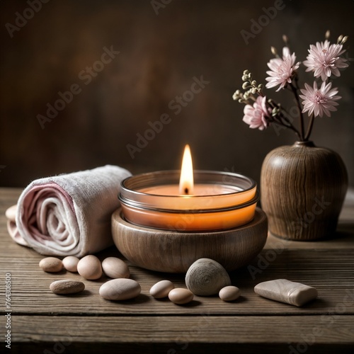 Spa Ambiance with Candle and Natural Elements  Perfect for Wellness Retreats  Relaxation Themes  Zen-Inspired Home Decor  or Aromatherapy Settings