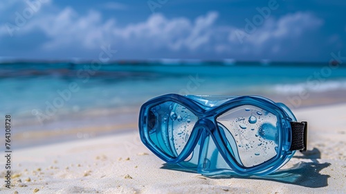 A pair of snorkeling goggles resting on a sandy beach AI generated illustration
