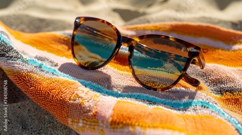 A pair of sunglasses resting on a beach towel AI generated illustration