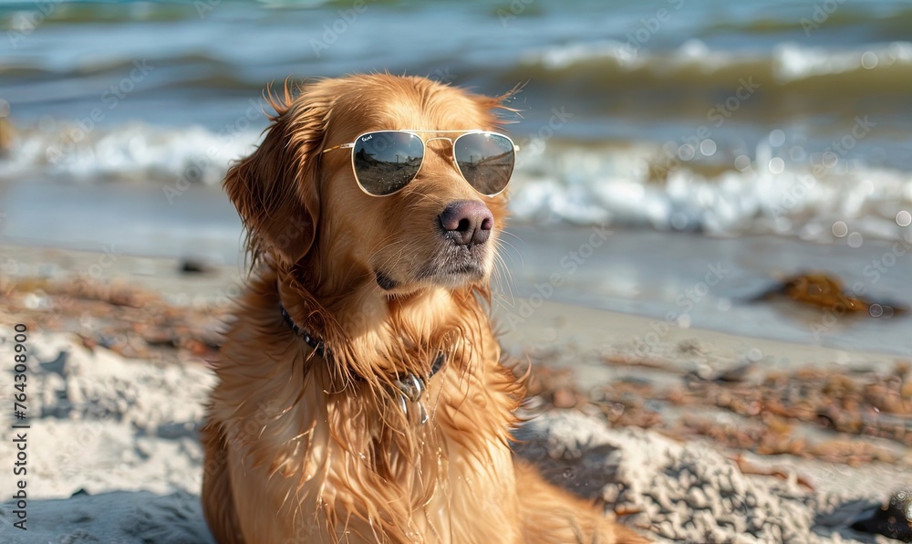 dog on the beach with sunglasses.