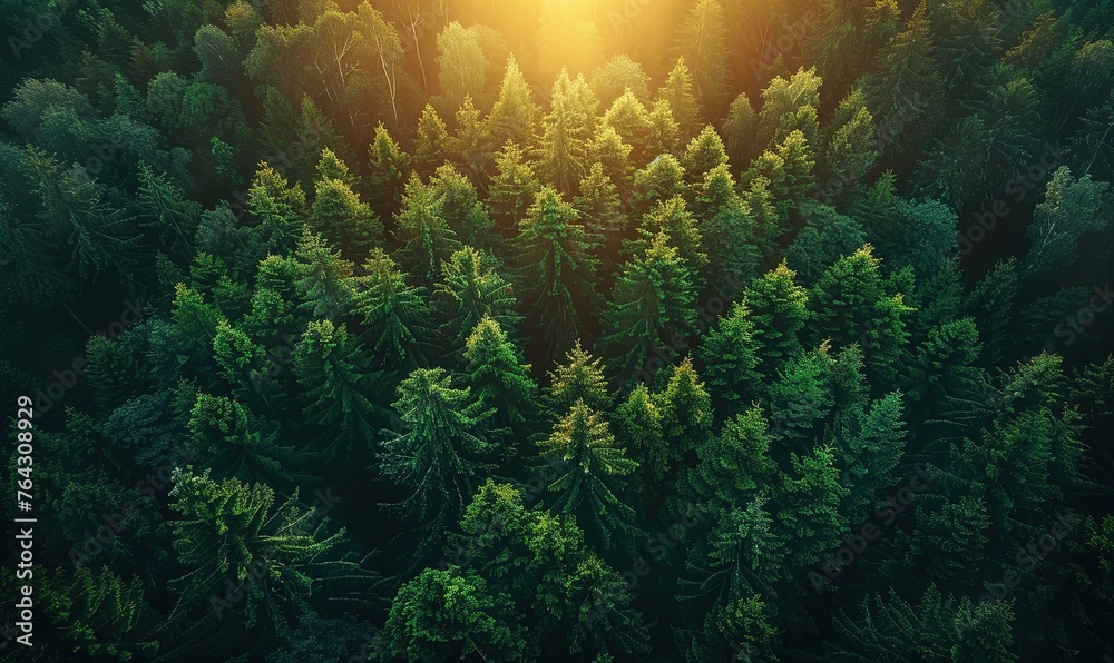 Sunrise over the green forest