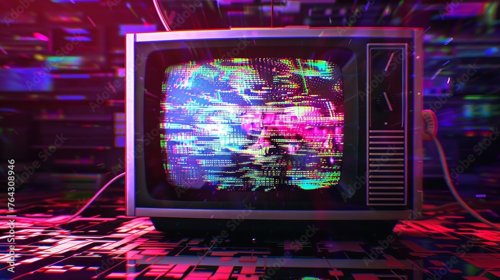A retro television screen displaying colorful static and distorted images AI generated illustration